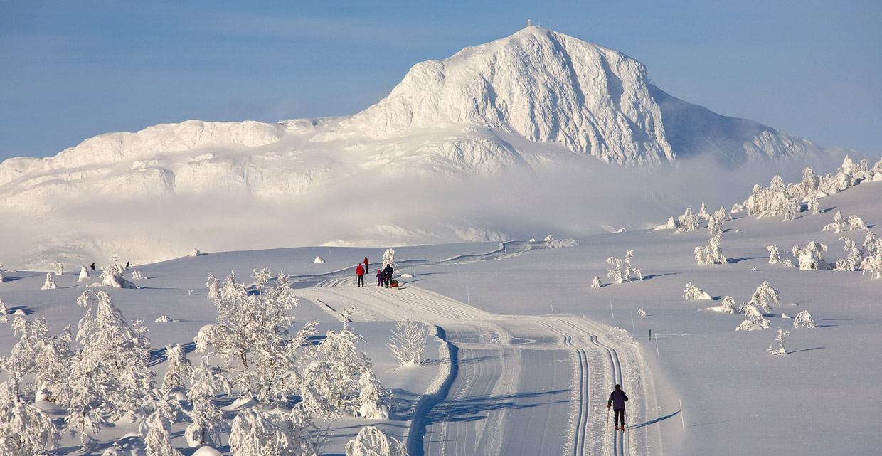 Langrenn på Beitostølen med Bitihorn i bakgrunnen.