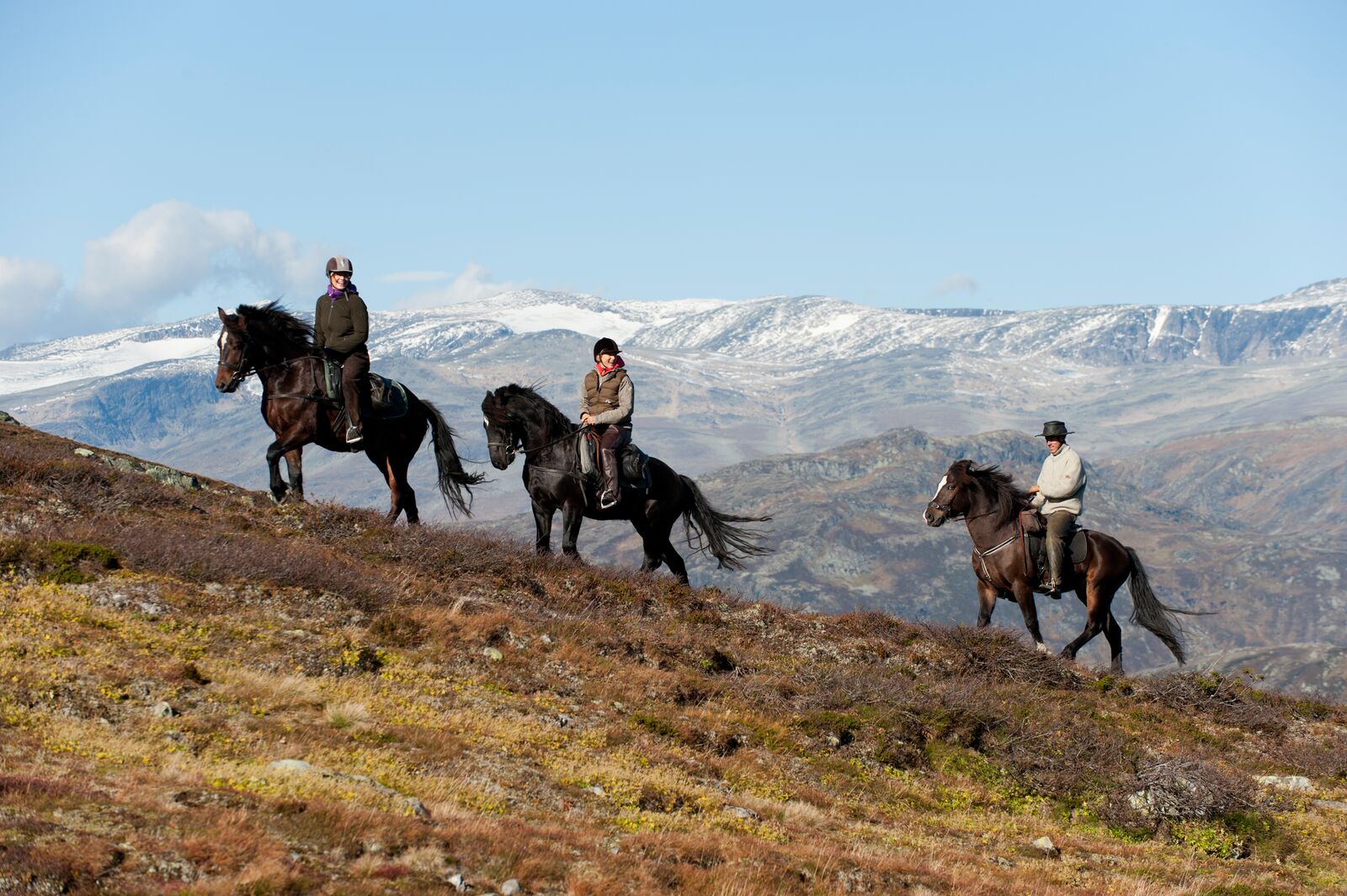 Tre på ridetur i fjellet. Flott utsikt til snødekte fjell.