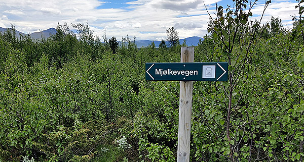 wooden sign for the cycling route Mjølkevegen